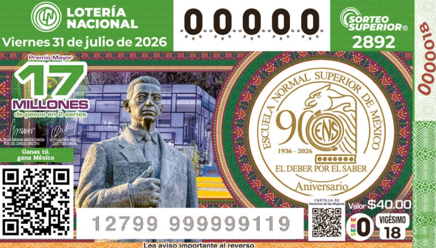 Billete conmemorativo de la Lotería Nacional por los 90 años de la ENSM.