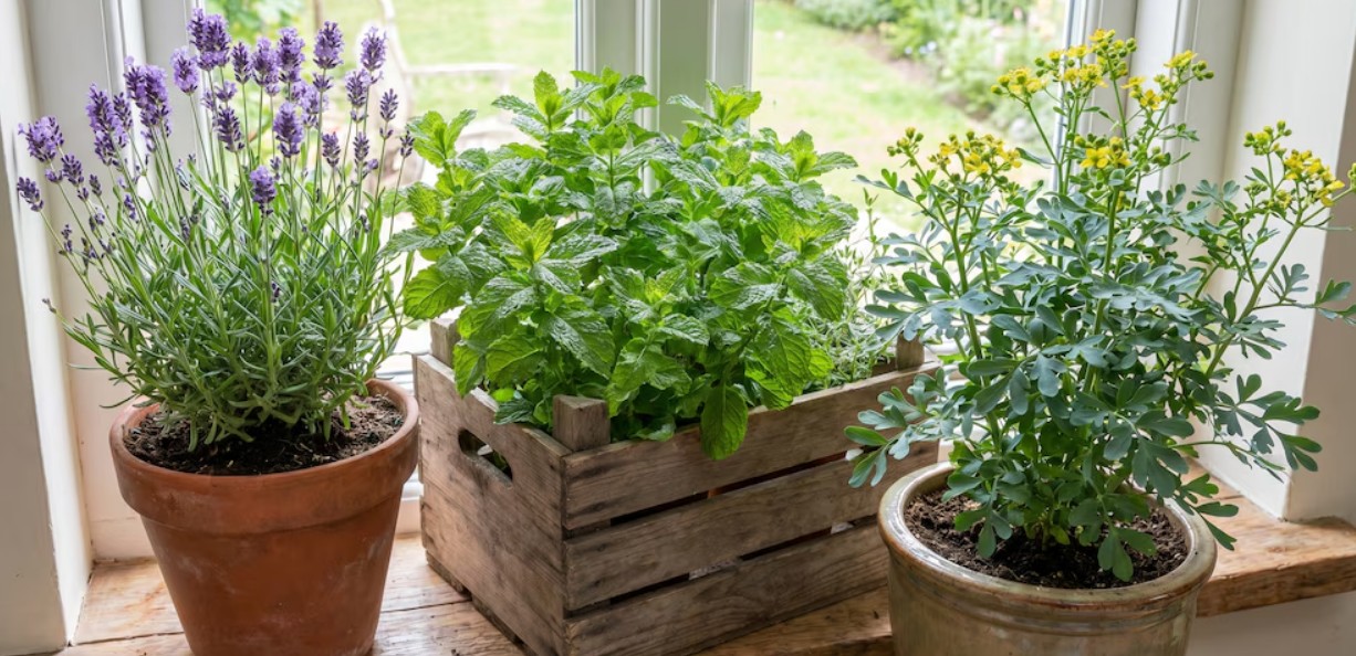 Plantas aromáticas como lavanda, menta y ruda en macetas para prevenir alacranes.