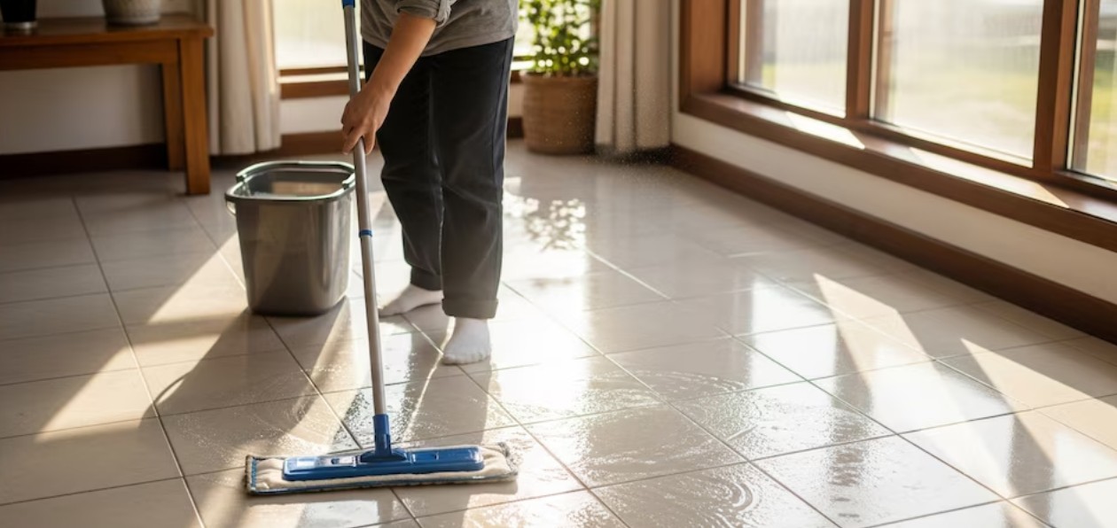 Persona trapeando un piso con ventanas abiertas en casa.