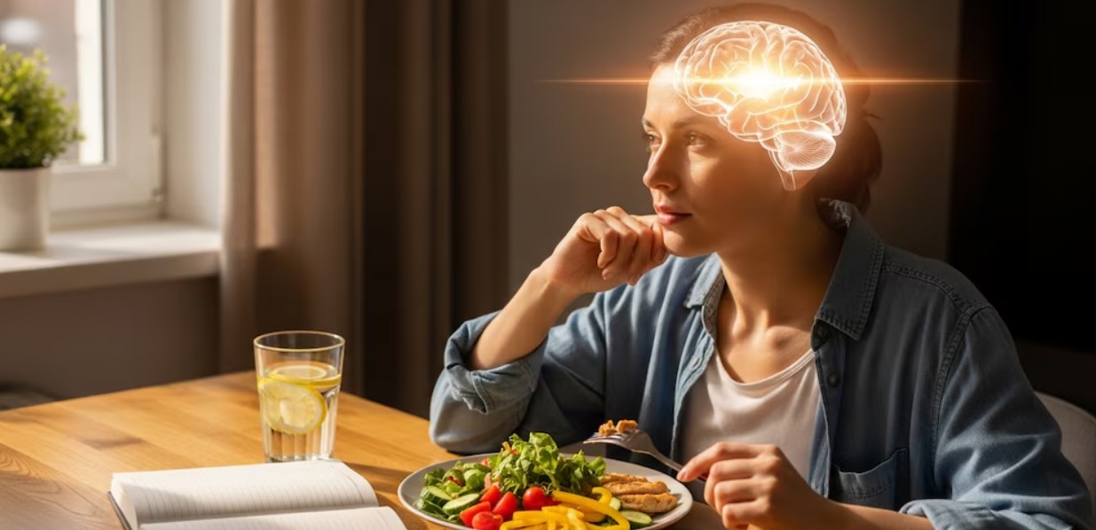 Persona comiendo alimentos saludables relacionados con el bienestar emocional.
