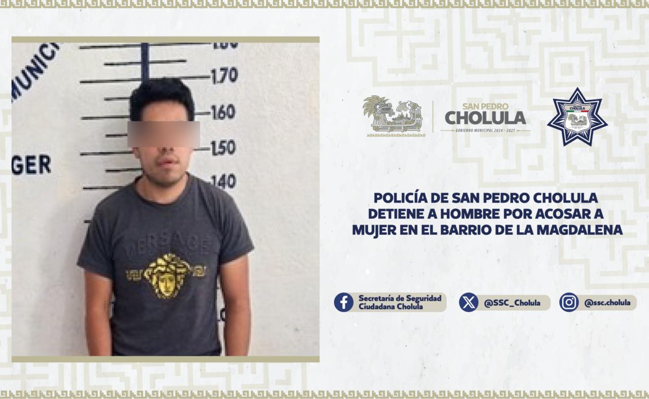 Policía de San Pedro Cholula detiene a hombre por acosar a mujer en el Barrio de La Magdalena