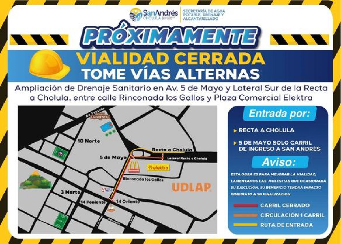 Cambia circulación de calles en San Andrés Cholula: Ampliación de drenaje sanitario 